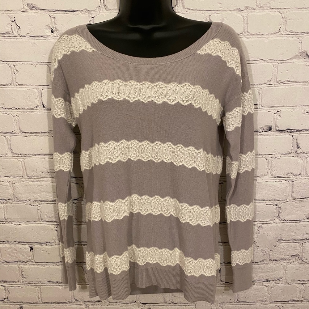Grey and White Lace Striped Sweater